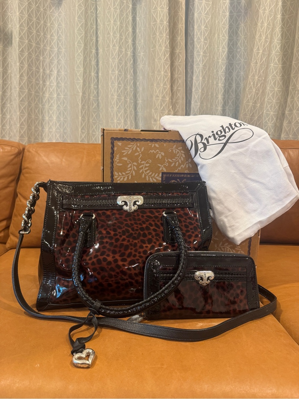 Brighton Vintage Y2K Leopard Print Patent Leather Satchel Clutch Set